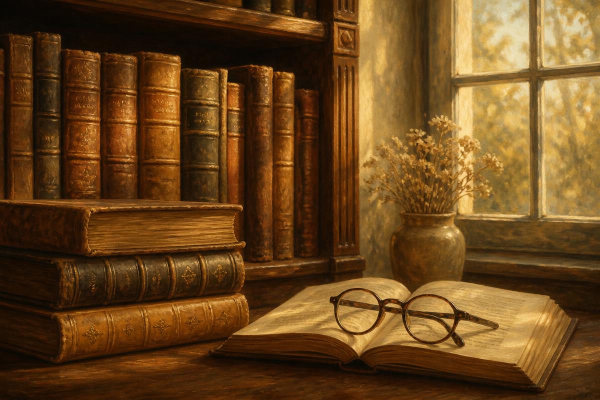 A quiet study with old books, reading glasses, and warm window light