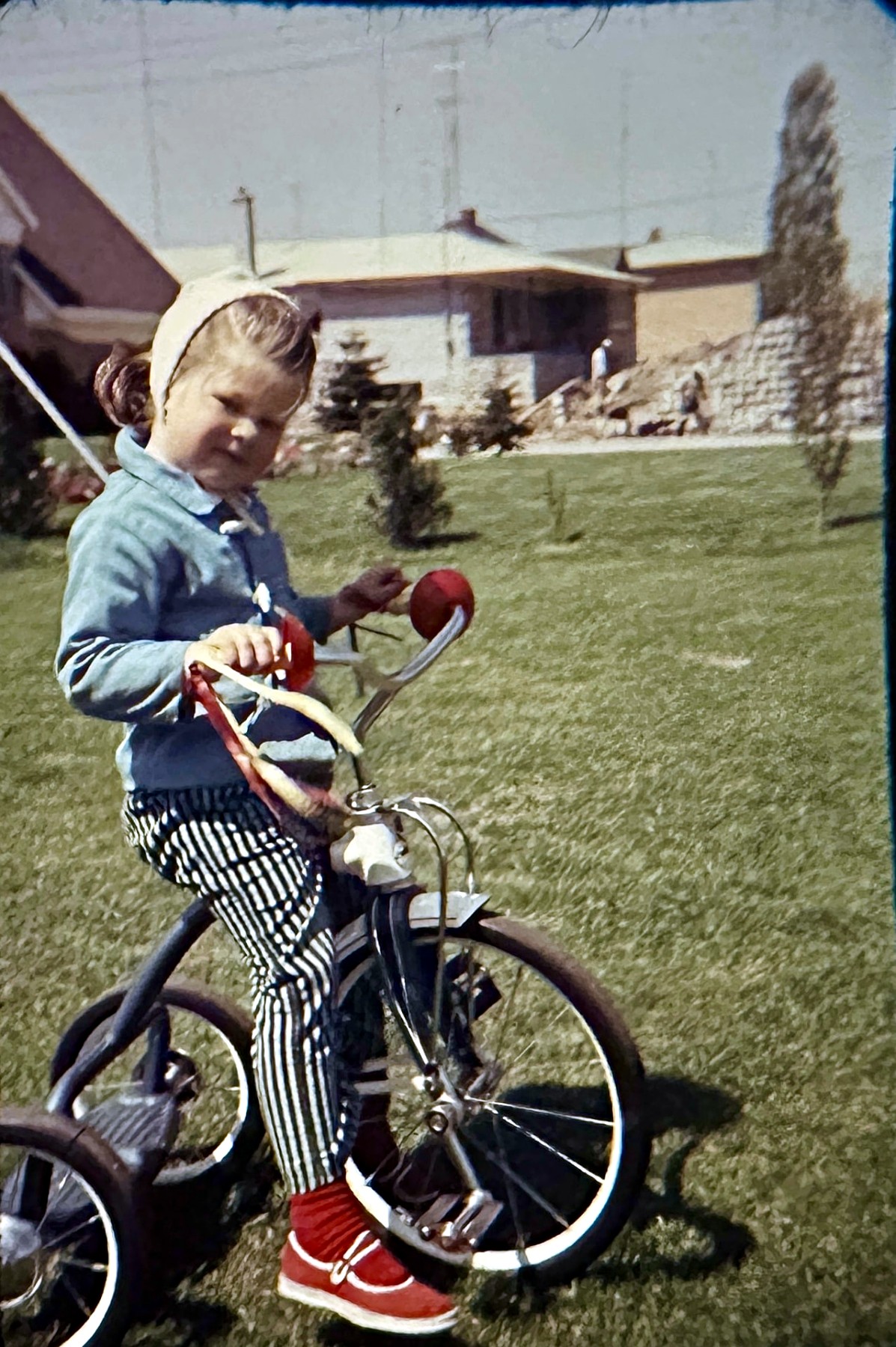 A Rubenstein girl on her tricycle on the front lawn