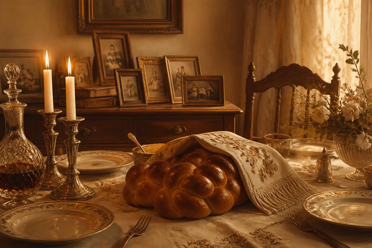 A warm family table with candles, challah, and framed photographs