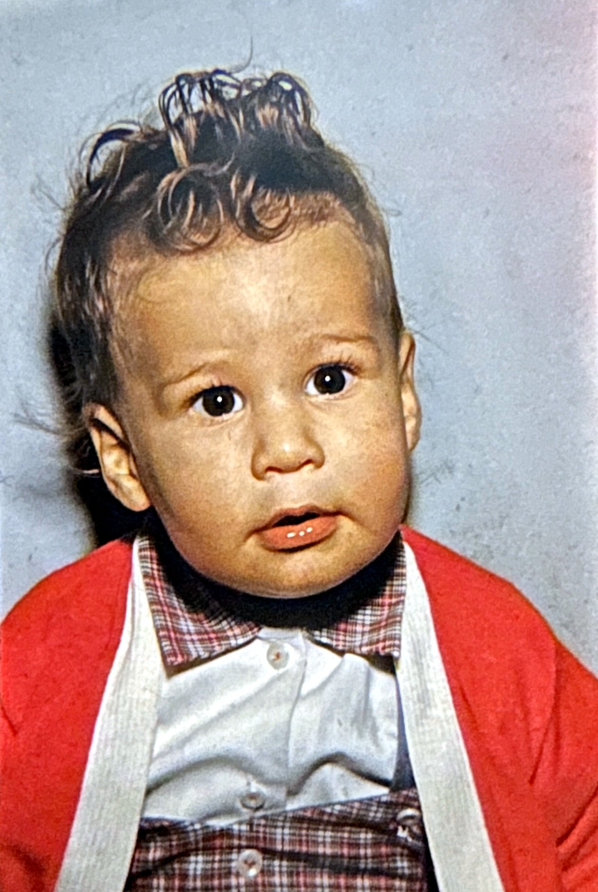 A Rubenstein toddler in a red cardigan and plaid shirt